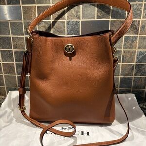 Coach Charlie 55200 Saddle Brown Leather Bucket Crossbody Bag.